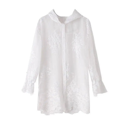 Elegant Thin Lace Hat Shirt Women's Loose Fit Summer 2025 plus Size Slimming Korean Style Long Sleeve Button up