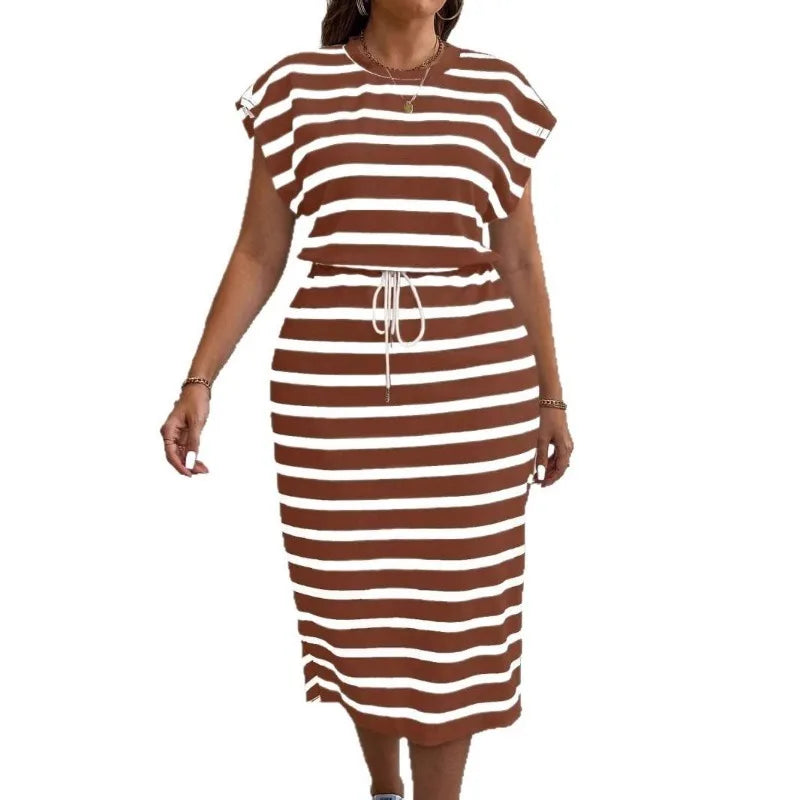 Summer Large Size Women's Clothing Casual Striped Short-sleeved Round Neck Waist Dress New Temperament Thin Plus Size Dresses