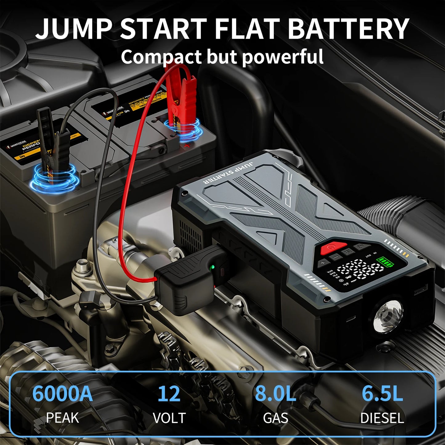 Jump Starter with Air Compressor Tire Inflator，6000A Jump Starter with Air Compressor/Tire Inflator, 12V Jumper Box for Car(All
