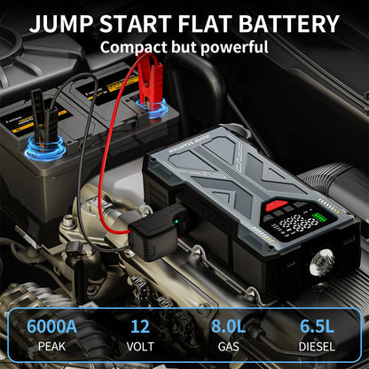 Jump Starter with Air Compressor Tire Inflator，6000A Jump Starter with Air Compressor/Tire Inflator, 12V Jumper Box for Car(All