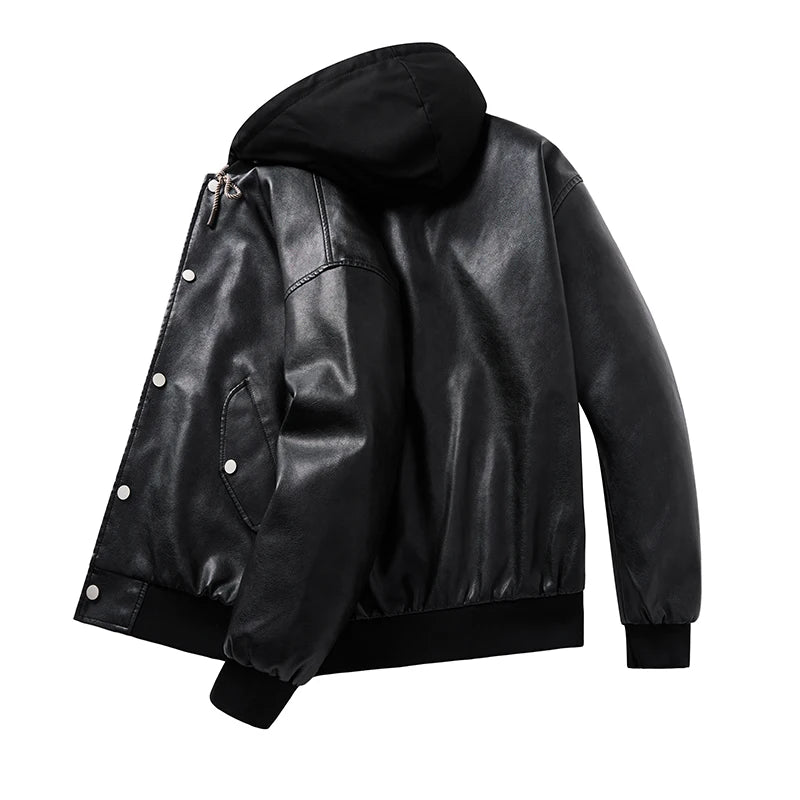Hooded Leather Motorbiker Jacket Men's Streetwear Fake Two PU Leather Jackets Winter New Biker Coats Men Motorcycle Leather Coat