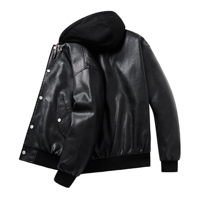 Hooded Leather Motorbiker Jacket Men's Streetwear Fake Two PU Leather Jackets Winter New Biker Coats Men Motorcycle Leather Coat