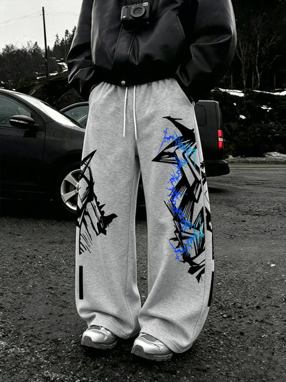 Y2K Abstract Blue Graffiti Geometric Print Mens Baggy Wide Leg Sweat Pants Loose Straight Drawstring Hip Hop Street Joggers