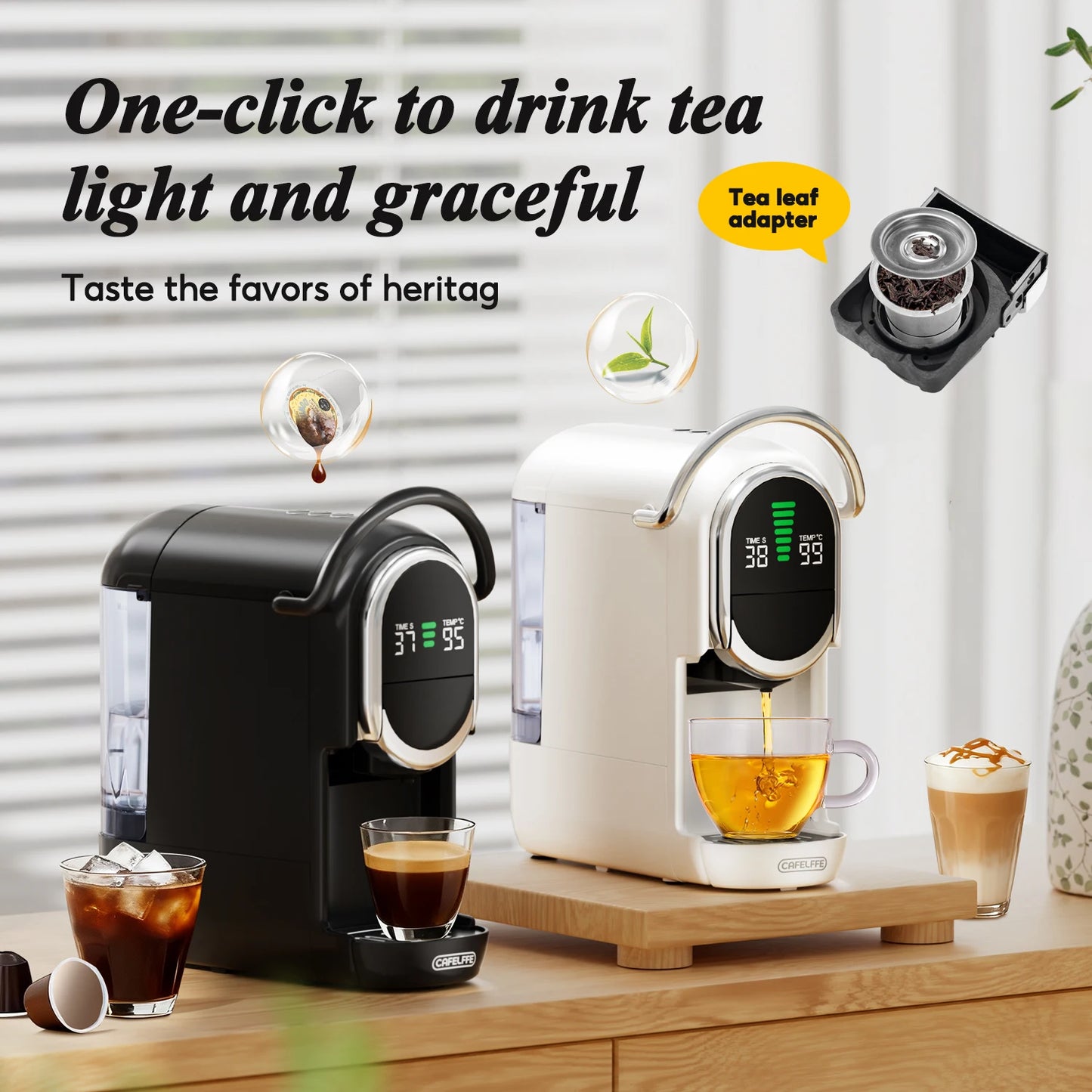 Cafelffe 6 in 1 Capsule Coffee Maker with Tea Leaves, Capsule, ESE 44mm Pods Coffee Powder Hot/Cold DG Cappuccino Nespresso