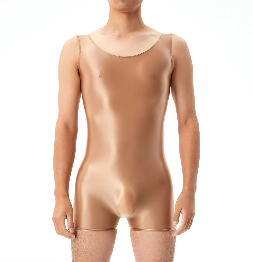 Oil Shiny Glossy Bodysuits Seamless Front Pouch Tights Body Man Sexy Transparent Waist Shapers Men Playsuit Sleeveless Bodysuit