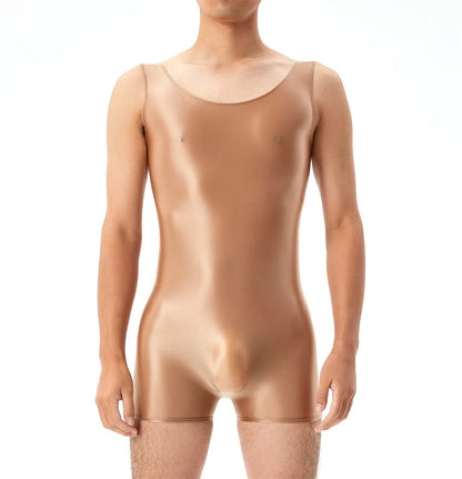 Oil Shiny Glossy Bodysuits Seamless Front Pouch Tights Body Man Sexy Transparent Waist Shapers Men Playsuit Sleeveless Bodysuit