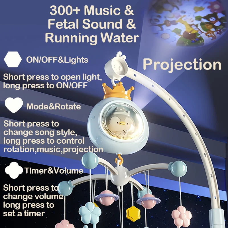 360° Penguin Musical Projection Baby Crib Mobile Rotating Soft Light Bed Bell Toy Four Speed Timming Infant Rattle Bedside Gift