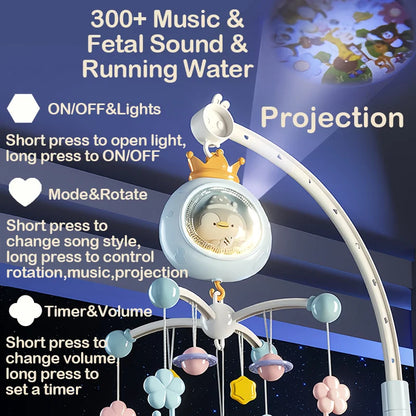 360° Penguin Musical Projection Baby Crib Mobile Rotating Soft Light Bed Bell Toy Four Speed Timming Infant Rattle Bedside Gift