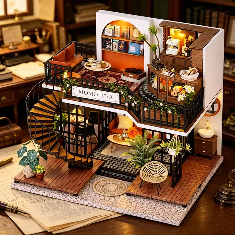 Wooden DIY Miniature Dollhouse Kit with LED Lights 3D Puzzle Doll House Building with Furniture Creative Craft Gifts Home Decor