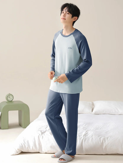 Men's 100% cotton long sleeved four season plus size men's sleepwear, teenage pure cotton home suit set for warmth