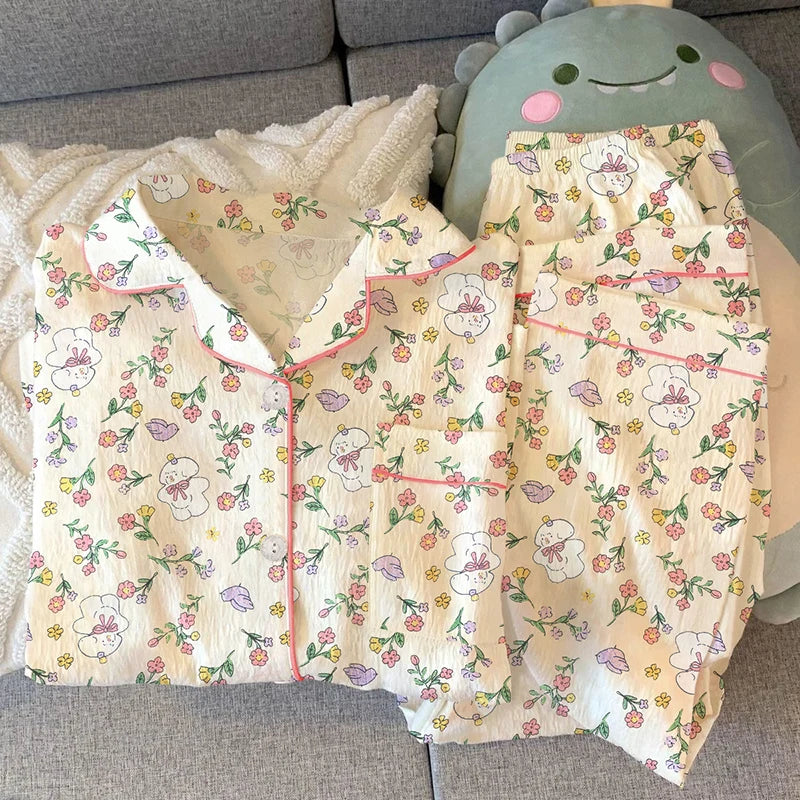 Girls Stripe Sleepwear Women's  Knot Star Long Sleeve Long Pants Korean Style Sweet Crepe Home Clothes Set