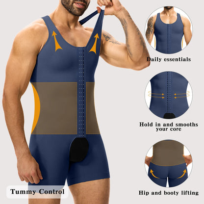 Men's Sleeveless Compression Shapewear Bodysuit Tummy Control Slimming Vest 3-Row Hooks Open Crotch Underwear for Daily Wear