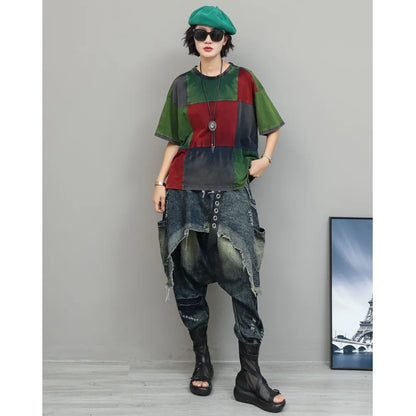 Color-blocked Suit Women Short-sleeve T-shirt + Loose Faux Two-piece Denim Drop-crotch Pants Two Piece Set Summer XY311