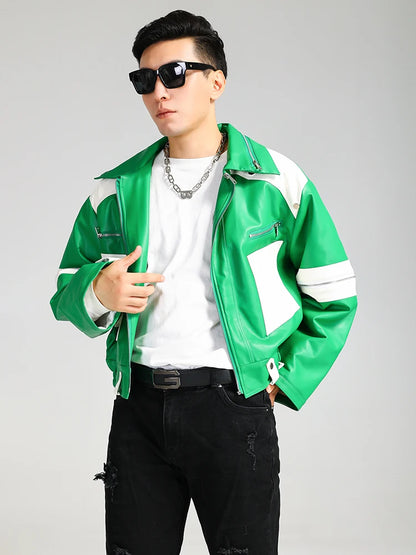 Nerazzurri Autumn Winter Short Quilted Warm Oversized Green and White Patchwork Pu Leather Jacket Men Luxury Designer Menswear