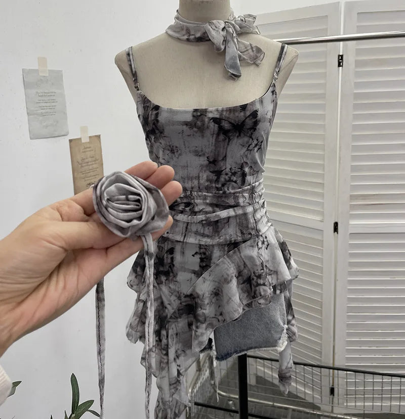 Women's Vintage Tie-dye Printed Mesh Spaghetti Strap Camisole Hot Girl Irregular Ruffled Ribbon Sleeveless Top Partyclub 1185