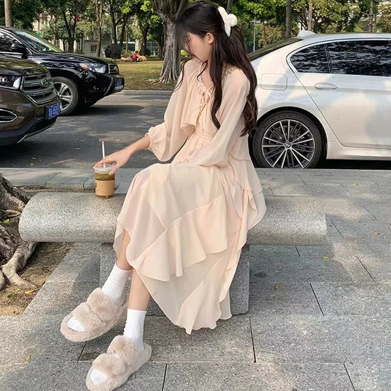 Elegant Spring Autumn off Shoulder Long Dress Women's Loose Fashion Two Piece Set Fairy Forest System V Neck High Waist a Lin...