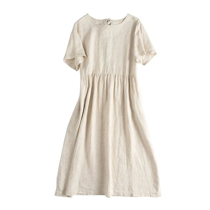 Summer Cotton Linen Women Dresses Vintage Short Sleeve Casual Loose Back Bandage Harajuku Party Club Dress With Pockets