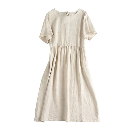 Summer Cotton Linen Women Dresses Vintage Short Sleeve Casual Loose Back Bandage Harajuku Party Club Dress With Pockets