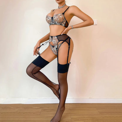 2026 European and American Bow Accessories Perspective Embroidery Splicing Mesh Sexy Body Shaping Underwear Four Piece Set