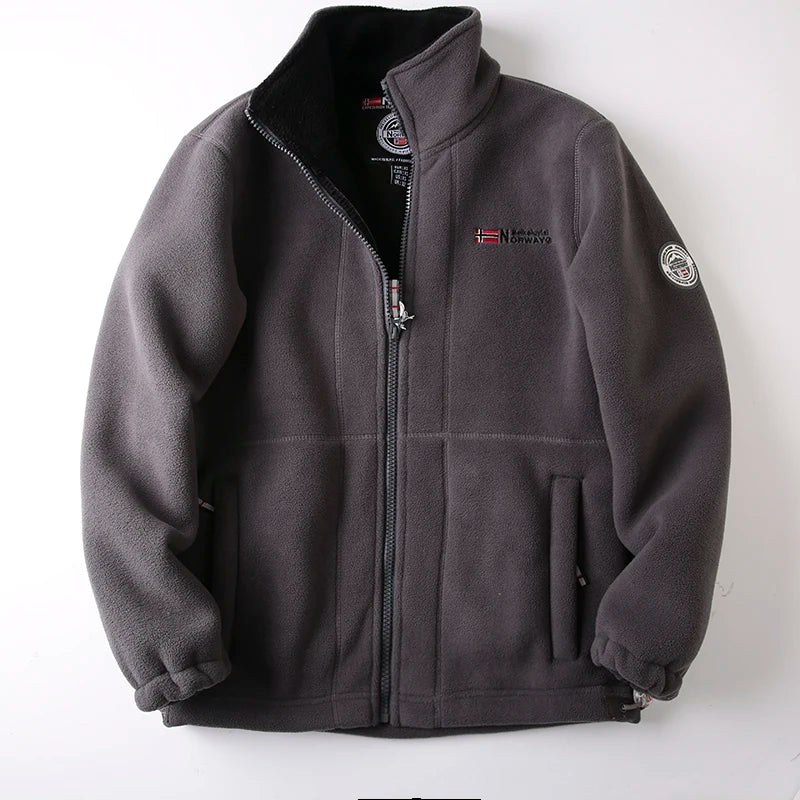 Men's Thickened Fleece Jacket Autumn Winter Double-sided Lamb Fur Hooded Coat Outdoor Windproof Zipper Short Style Polyester