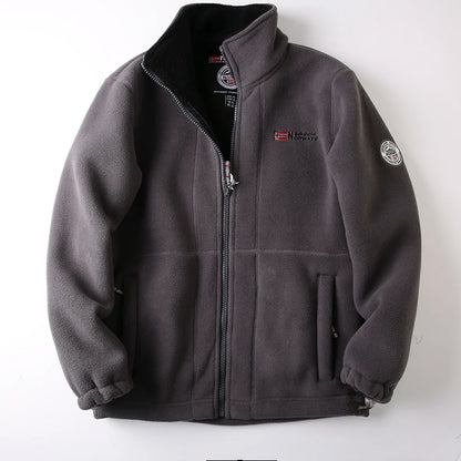 Men's Thickened Fleece Jacket Autumn Winter Double-sided Lamb Fur Hooded Coat Outdoor Windproof Zipper Short Style Polyester