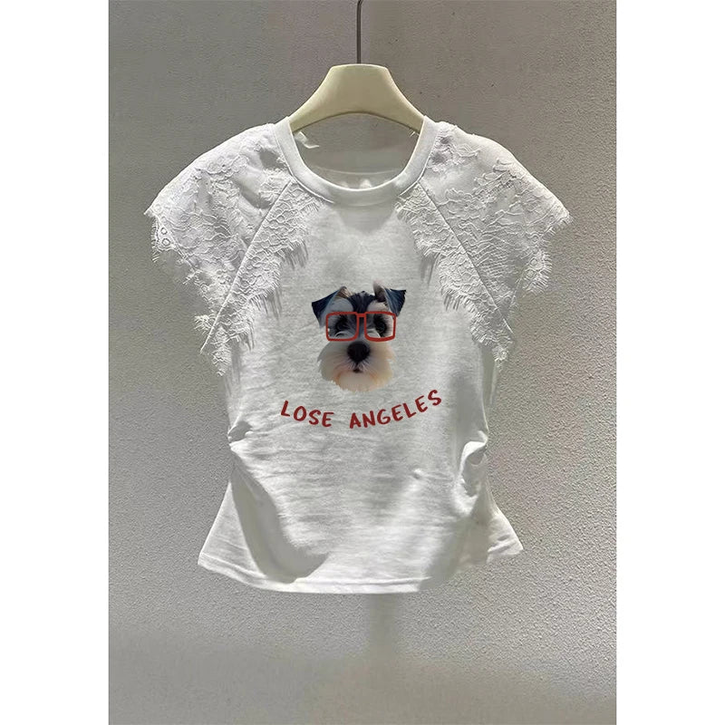 Retro Black Lace Mesh Short Sleeve Top Women Summer Fly Sleeve Short T-Shirt Outlet Store Printed Slim Fit Cotton Polyester