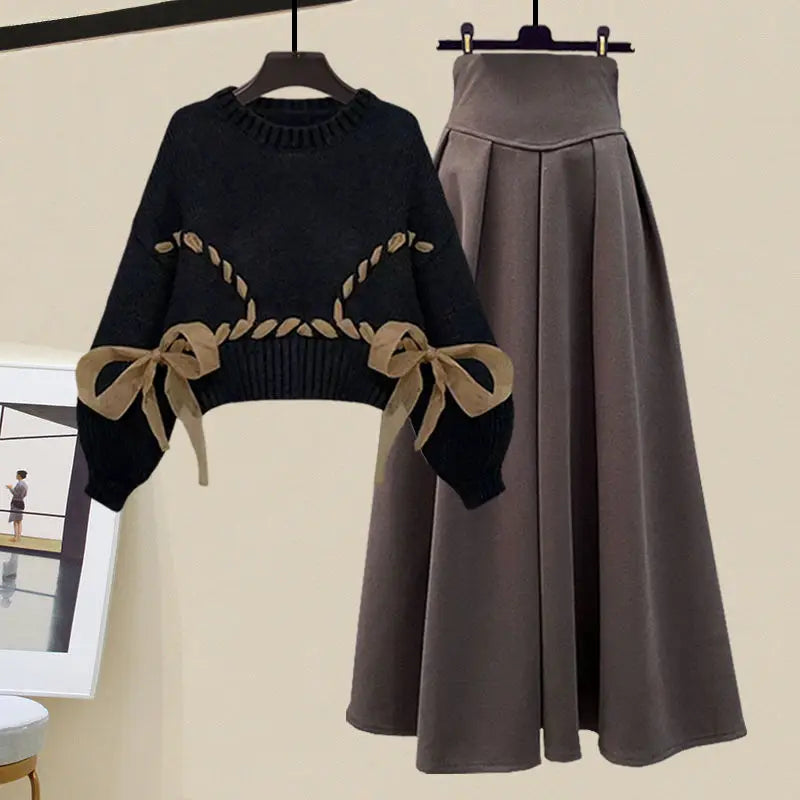 plus Size Winter Outfit 2023 New Style Slimming  Knot Sweater High Waist  Skirt Two Piece Set for plus Size Women