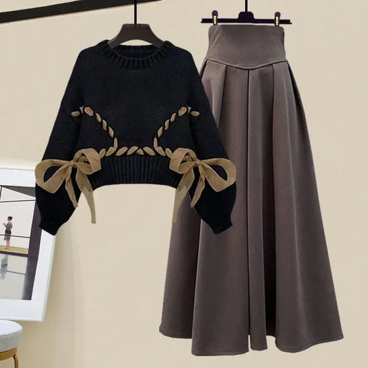 plus Size Winter Outfit 2023 New Style Slimming  Knot Sweater High Waist  Skirt Two Piece Set for plus Size Women