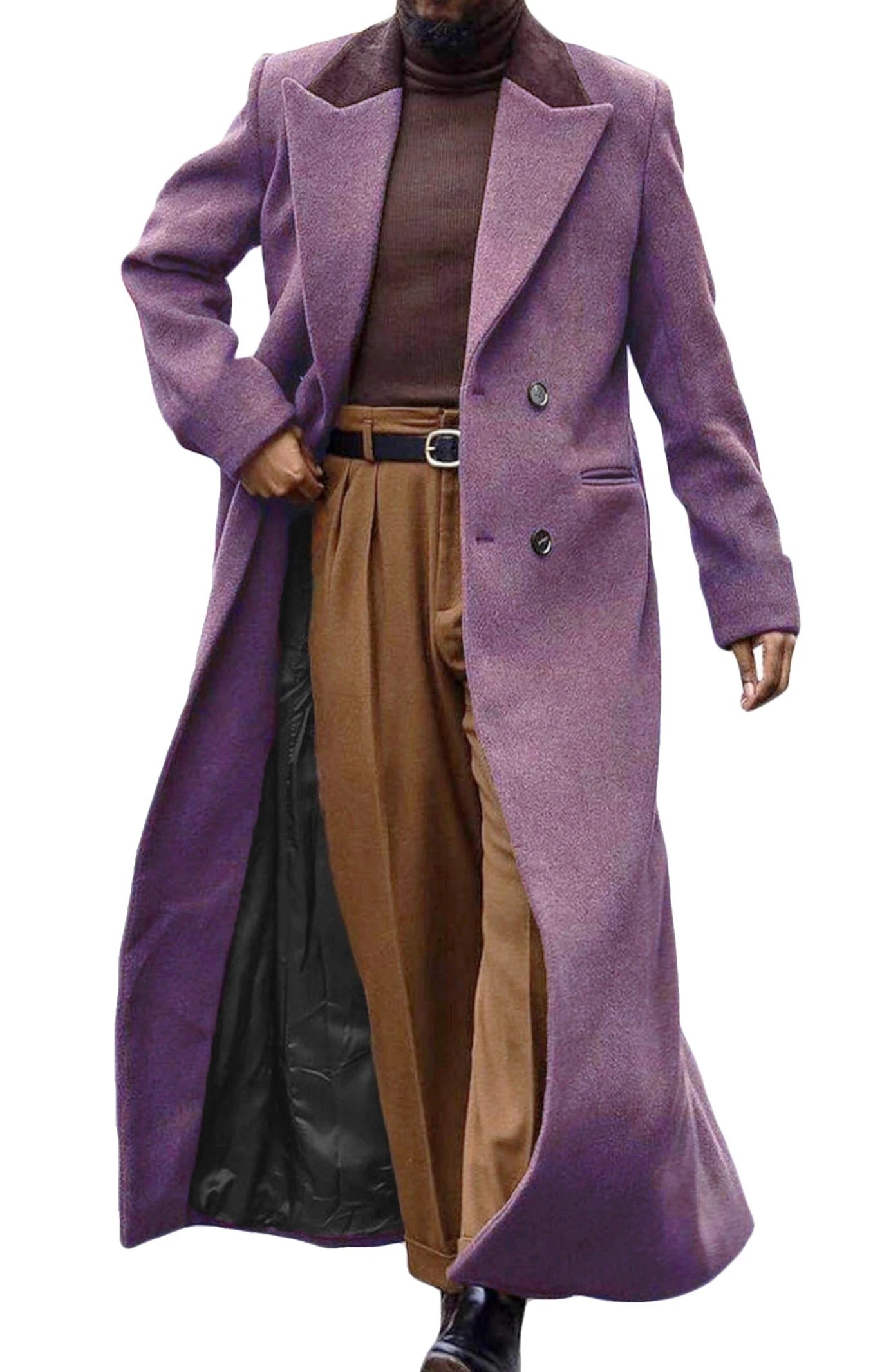 Mens Full Length Trench Coat Notched Lapel Long Jacket Double Breasted Classic Winter Overcoat