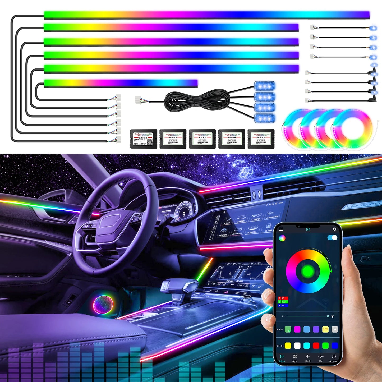 22in1 Symphony Car Ambient Light RGB 213 Color Universal Car Accessories Interior LED Lights Strip Acrylic Backlight Guide Light