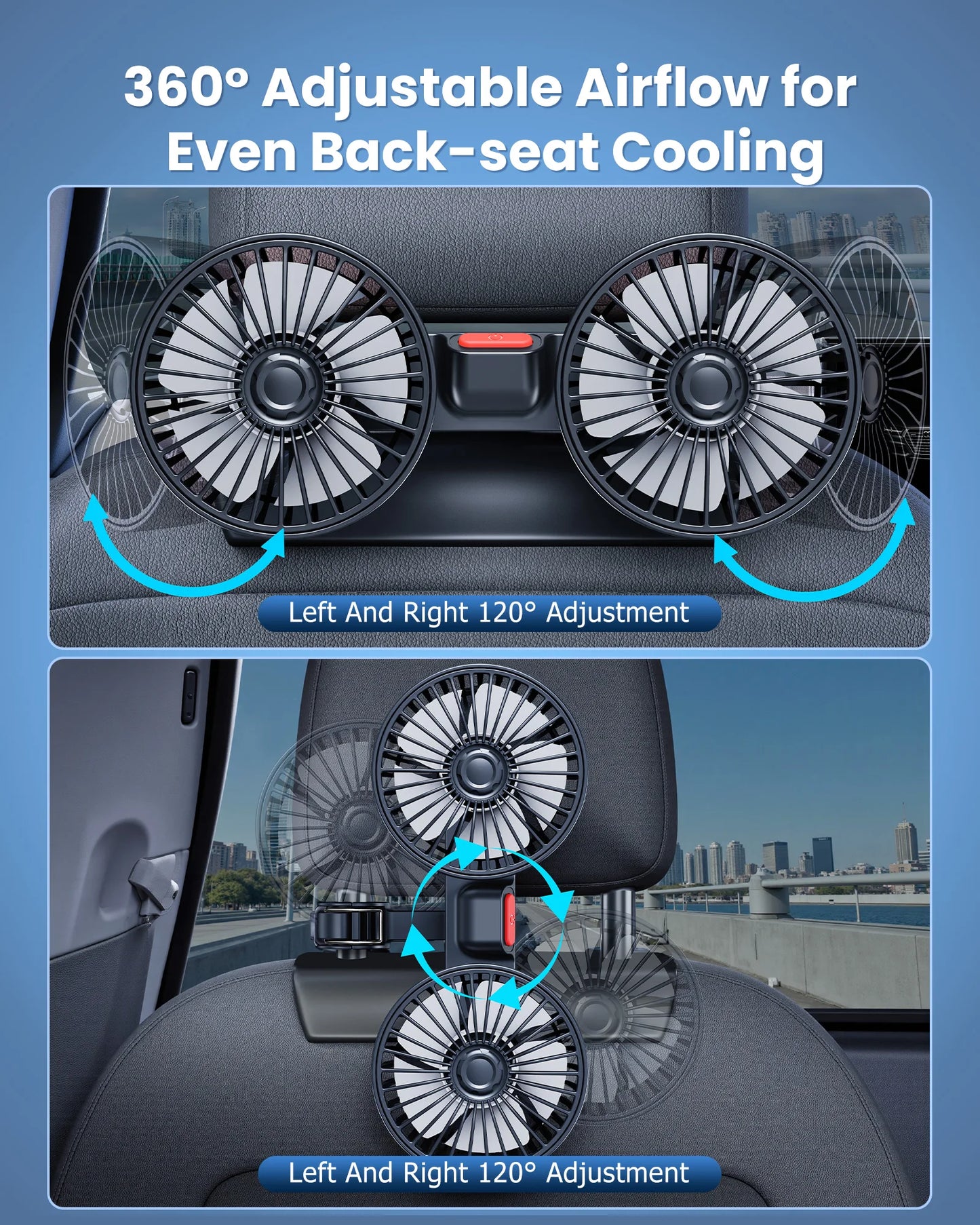 Eary Car Back Rear Seat Dual Head Fan 3 Speeds 360°Rotatable Air Cooling Headrest Fan Portable Summer Auto Van Truck Accessories