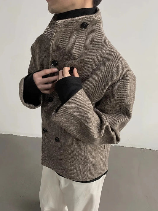 Mauroicardi Autumn Winter Cool Short Warm Herringbone Woolen Jacket MenStand Collar Double Breasted Luxury Designer Clothes 2025