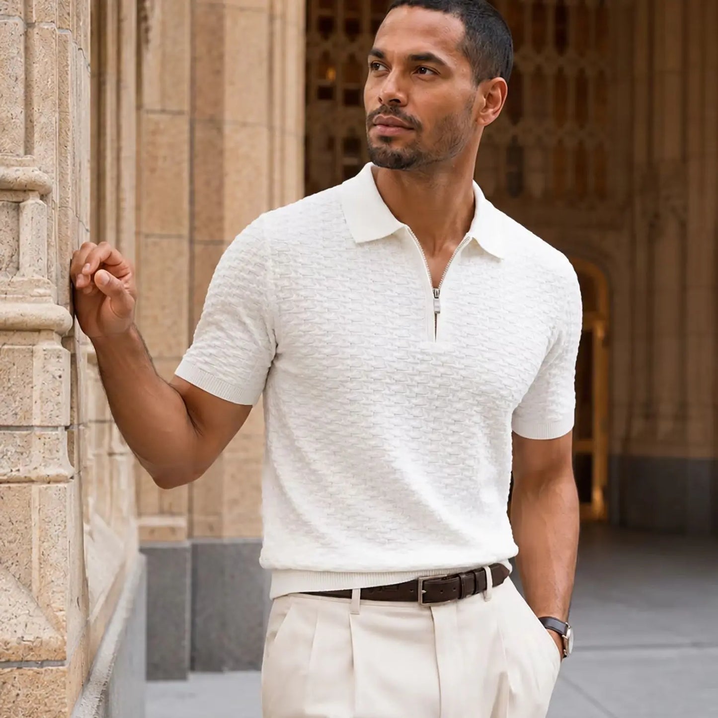 Men's Textured Knit Polo Shirt Short Sleeve Half Zip Neck Casual Business Knitted Pullover Tops