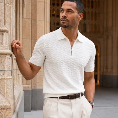 Men's Textured Knit Polo Shirt Short Sleeve Half Zip Neck Casual Business Knitted Pullover Tops