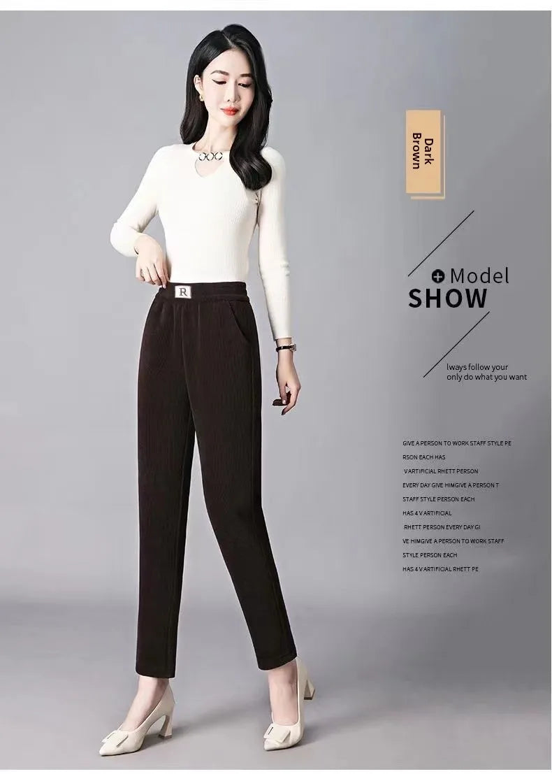 Autumn Winter Thickened Fleece Harlan Pants Women's Loose Casual Straight Leg Pants with Pockets Polyester Fiber Long Trousers