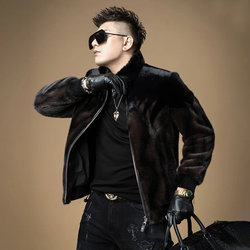 High-End Luxury Men's Fur Coat Winter Thick Warm Gold Mink Velvet Jacket Upper Body Clothing Polyester Fiber Long Sleeve Zipper