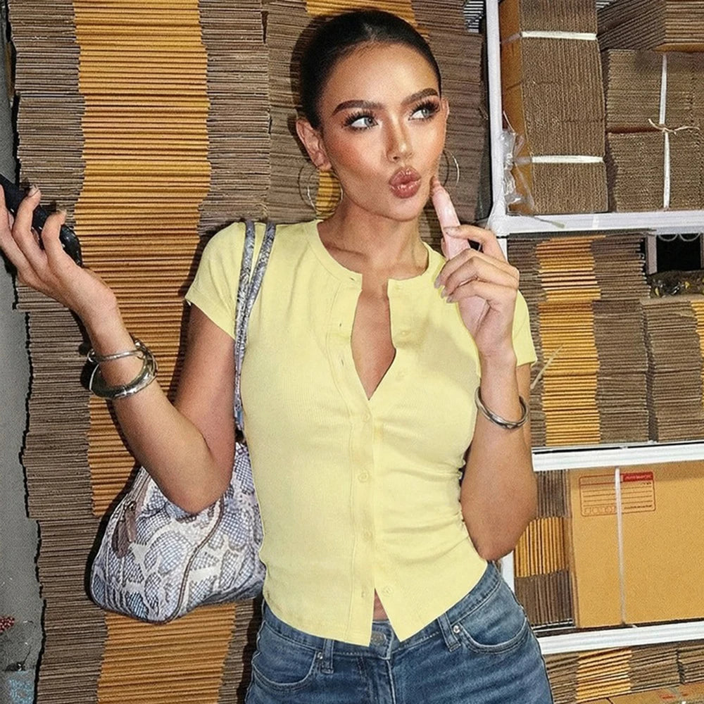 Tuularose Fashion New T-Shirt Women's Casual Solid Slim-Fit Crew Neck Cardigan T-Shirt Summer Office Lady Vacation Female Tops