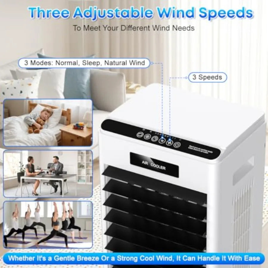 Portable air conditioner for home bedroom kitchen use, black plastic unit with 3-in-1 cooling fan, 3 modes 3-speed remote contr