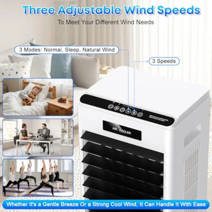 Portable air conditioner for home bedroom kitchen use, black plastic unit with 3-in-1 cooling fan, 3 modes 3-speed remote contr