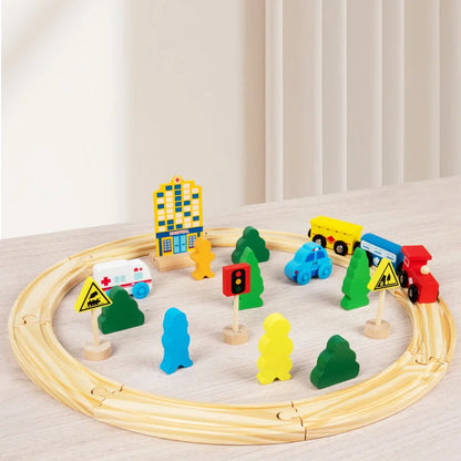 Children's Pine Wood Train Track And Vehicle Toy Set - Educational City Scene Toy With Tracks Cars Traffic Signs And Buildings