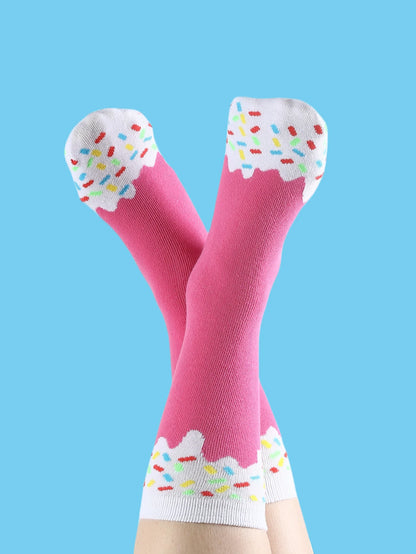 4 pair of mid-calf unisex socks in a novelty ice cream design, a unique and interesting festive gift.