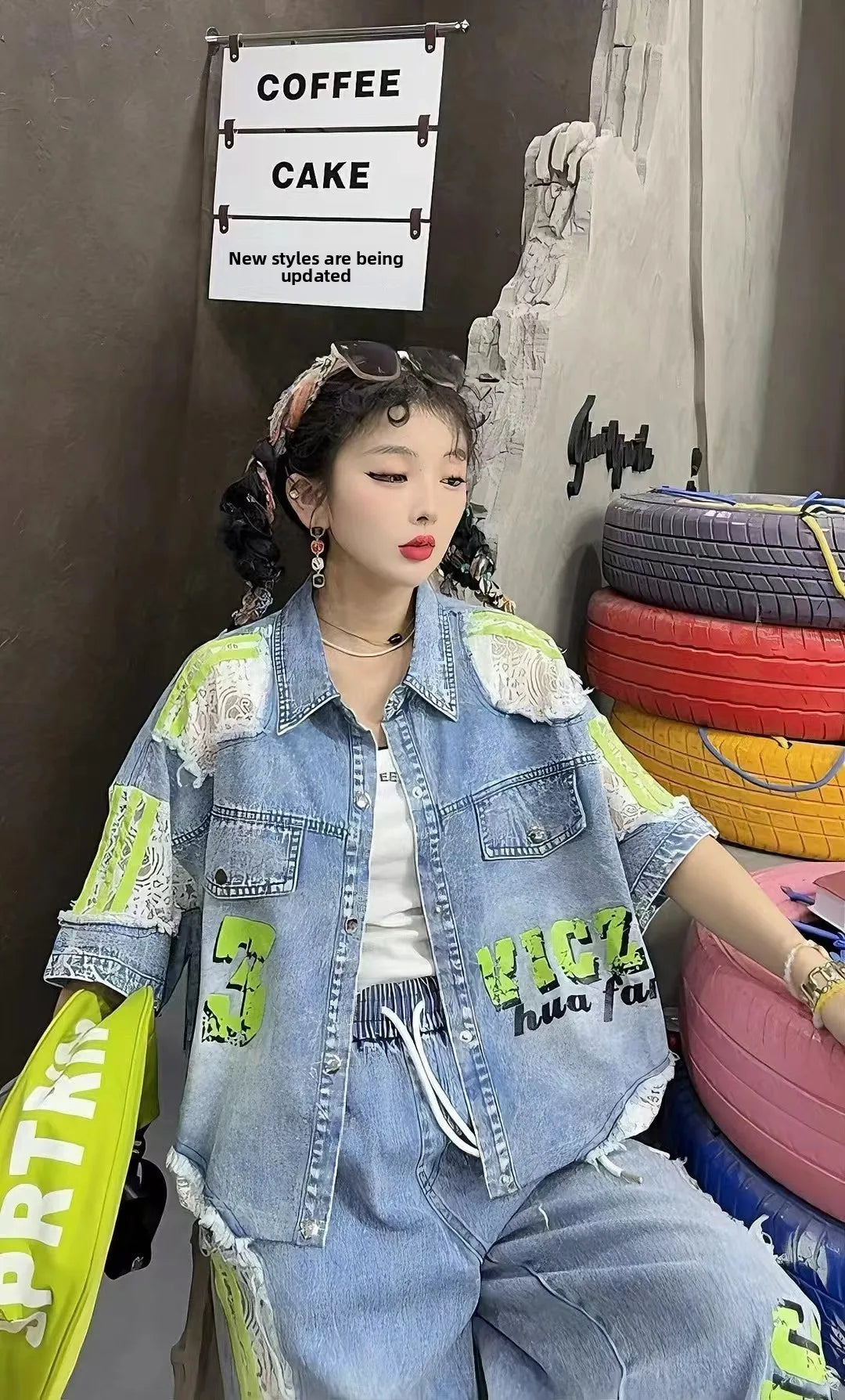 Casual Lace Hollow out Patchwork Summer New Women's Outfit Loose Top with Digital Letter Print Matching Long Pants