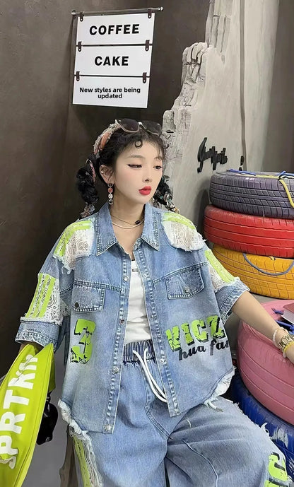 Casual Lace Hollow out Patchwork Summer New Women's Outfit Loose Top with Digital Letter Print Matching Long Pants