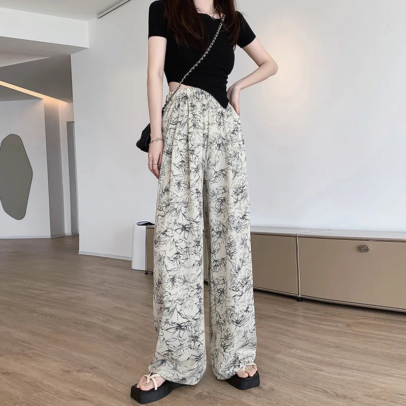 Summer Casual Loose Wide Leg Pants Women's Tie Dye Ink Ice Silk Loose Leopard Print Ethnic Style Long Pants Casual Trousers