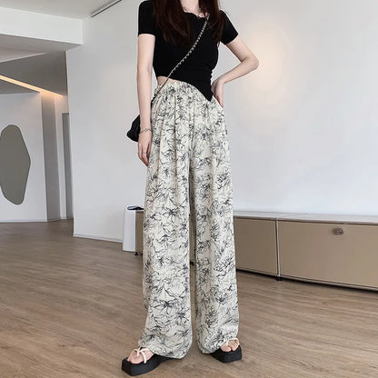 Summer Casual Loose Wide Leg Pants Women's Tie Dye Ink Ice Silk Loose Leopard Print Ethnic Style Long Pants Casual Trousers