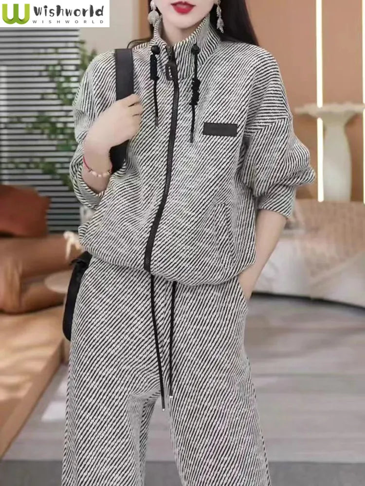 Fashion Casual Striped Top Sports Two-piece Set for Women's Spring and Autumn New Style Loose and Slim Wide Leg Pants Set