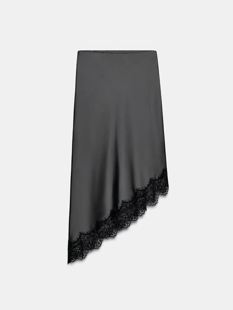 Winter New Arrival Women's Simple Versatile Mid-Waist Lace Trim Silk Satin Skirt Elegant Ethnic Stage Costume