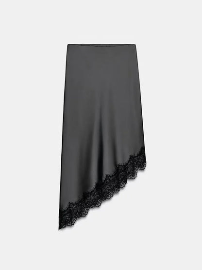 Winter New Arrival Women's Simple Versatile Mid-Waist Lace Trim Silk Satin Skirt Elegant Ethnic Stage Costume