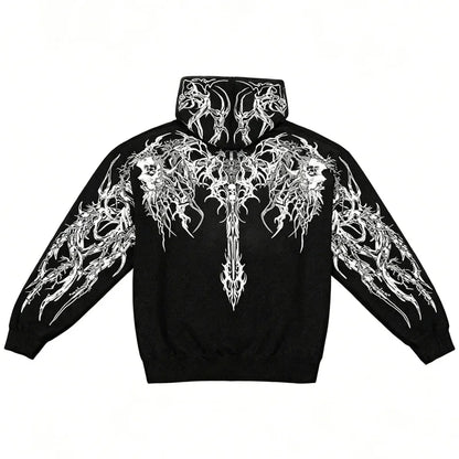 2025 Men's Gothic Skull Thorn Print Hoodie Fleece Lined Winter Streetwear Sweatshirt Casual Warm Pullover Tops for Daily Wear