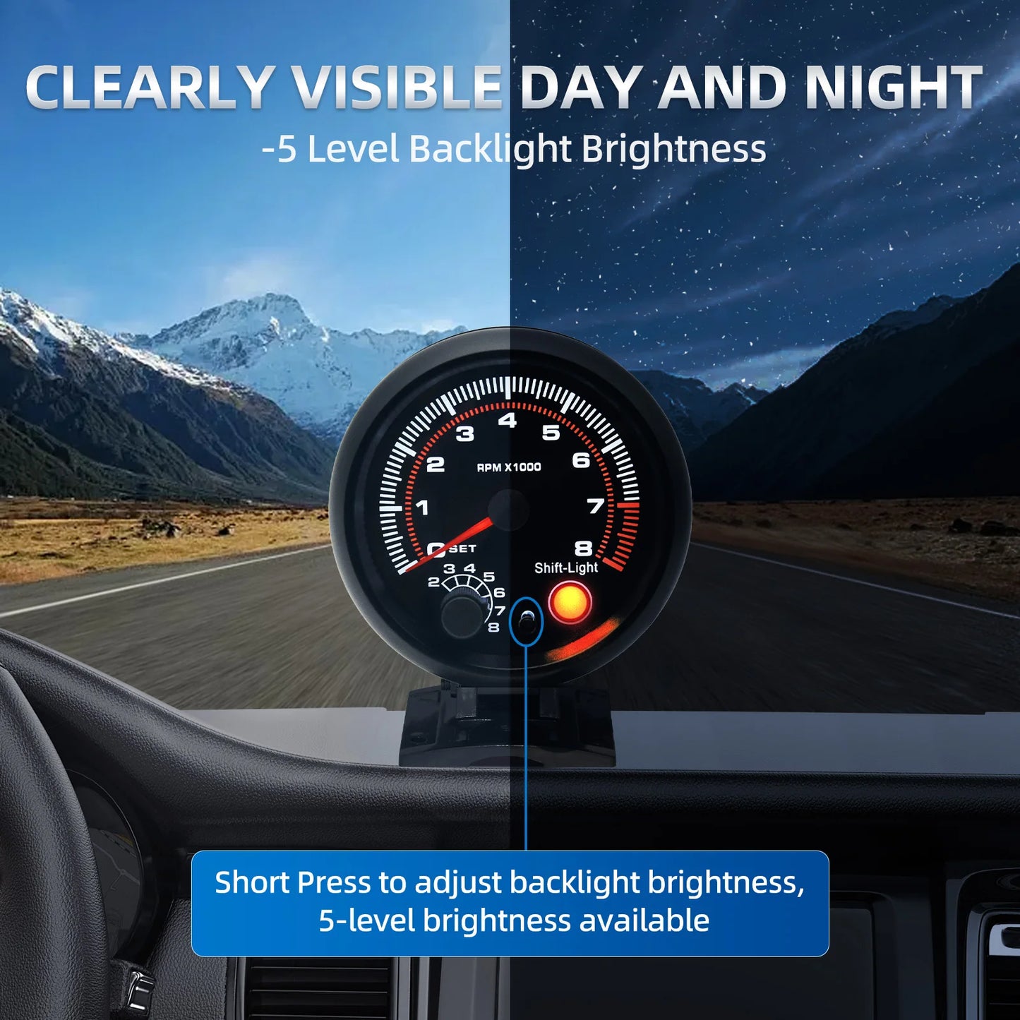 Black Tachometer Gauge with Red Shift Light Universal 3.75 Inch 95mm 12V White LED Auto 0-8000 RPM Meter Tacometro Tach Gauge